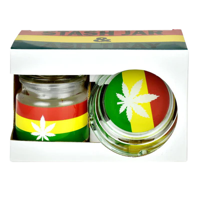 Red/Yellow/Green Weed Leaf Stash Jar and Ashtray - S Essential