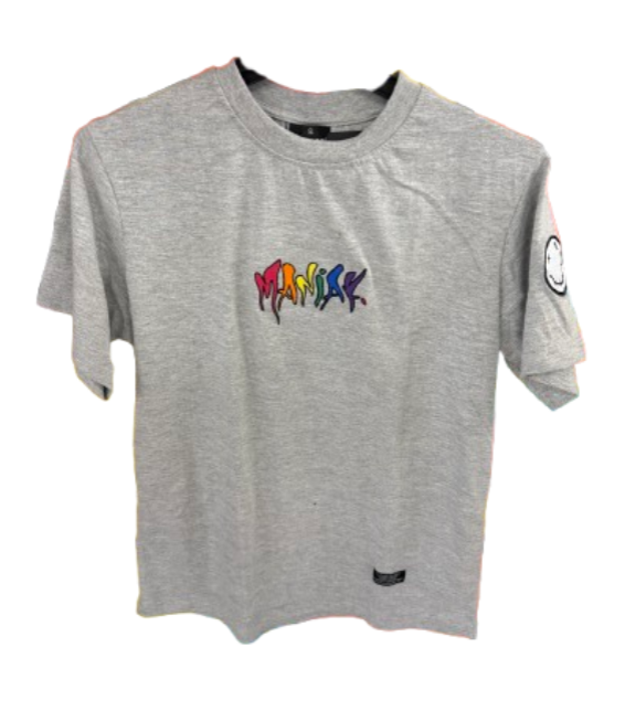 Maniak Clothing | Grey T shirt Rainbow Logo