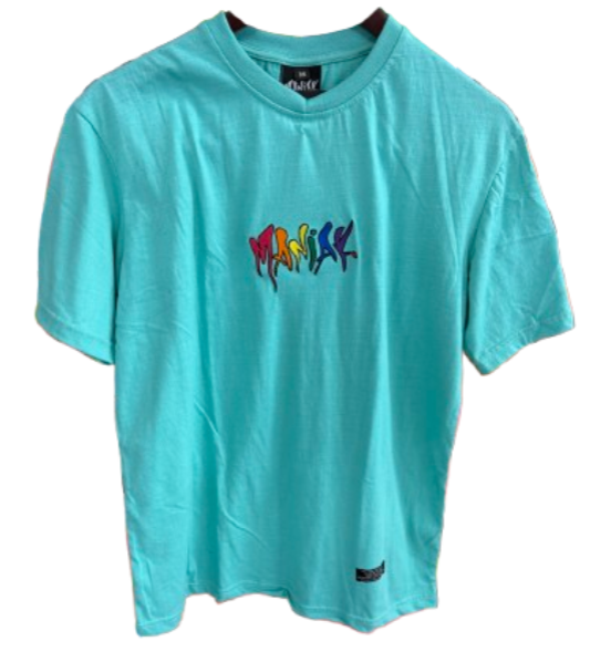 Maniak Clothing | Teal T shirt Rainbow Logo