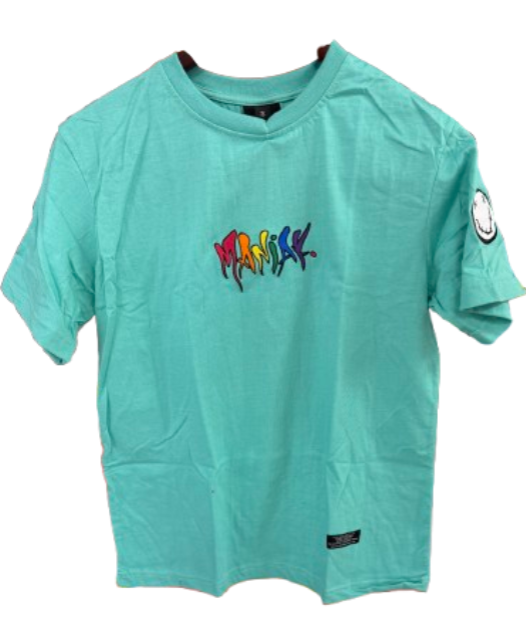 Maniak Clothing Teal T shirt Rainbow Logo