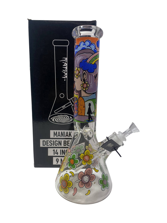 14 inch Maniak Graphic Beaker (9mm) 12 Inch Showerhead Beaker Glass Pipe