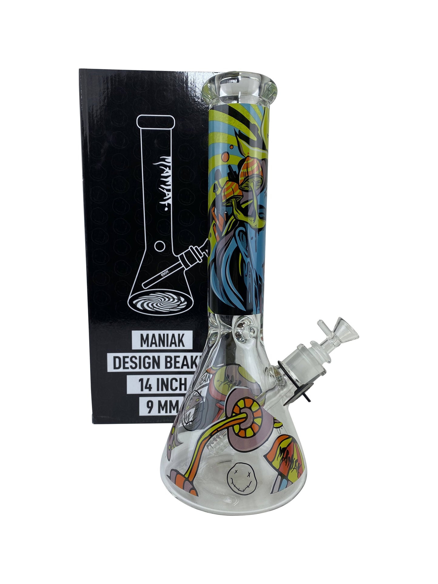 14 inch Maniak Graphic Beaker (9mm) 12 Inch Showerhead Beaker Glass Pipe