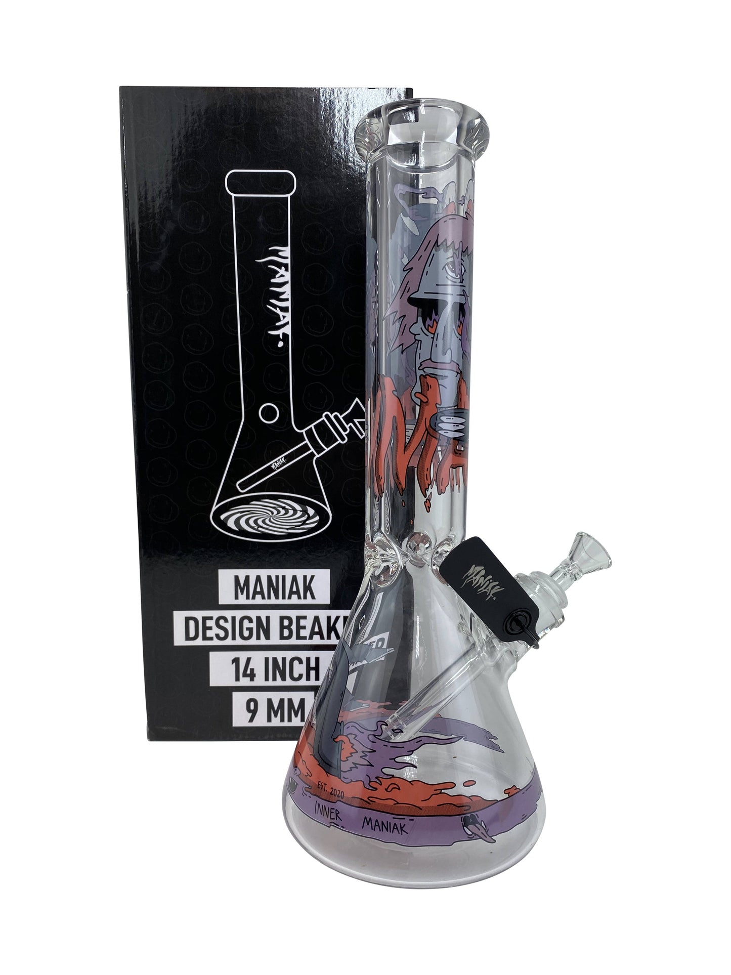 14 inch Maniak Graphic Beaker (9mm) 12 Inch Showerhead Beaker Glass Pipe