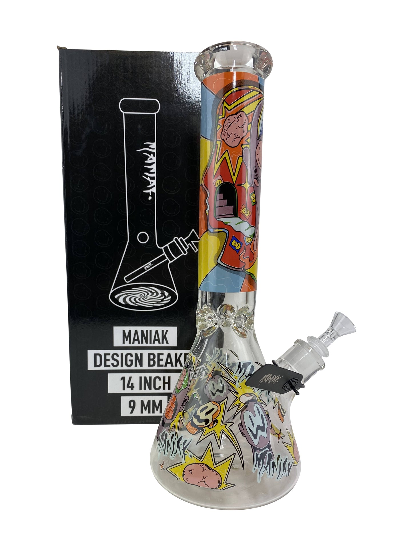 14 inch Maniak Graphic Beaker (9mm) 12 Inch Showerhead Beaker Glass Pipe