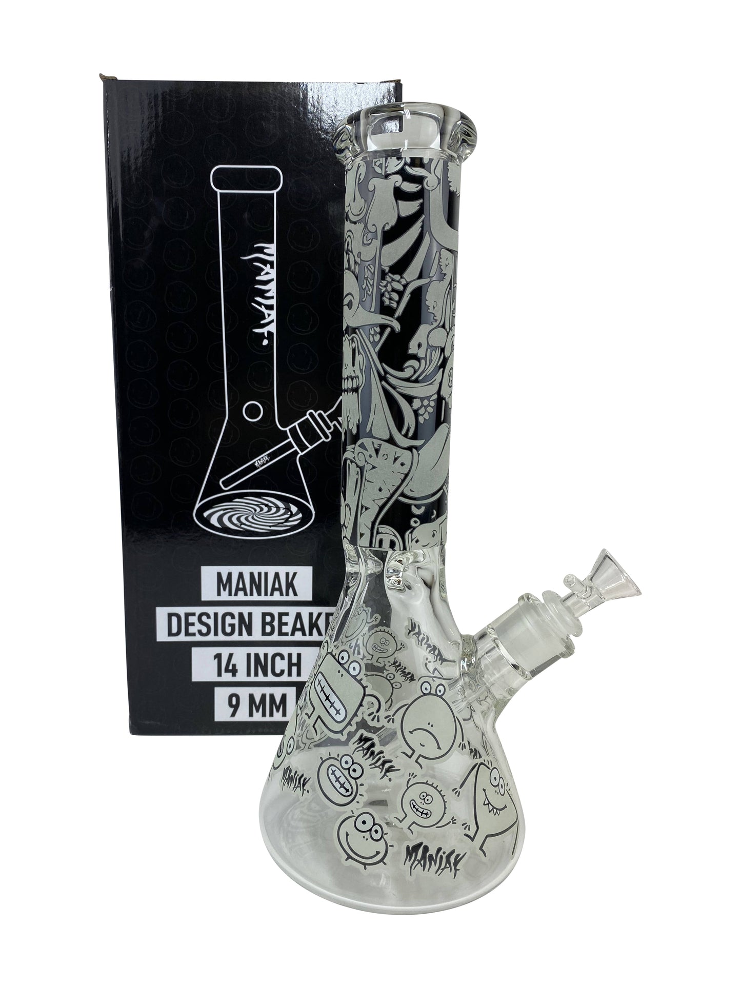 14 inch Maniak Graphic Beaker (9mm) 12 Inch Showerhead Beaker Glass Pipe